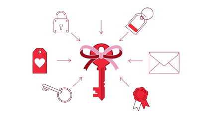 Key and associated objects: A key, adorned with a decorative ribbon, surrounded by a collection of related objects, each hinting at security, access, and important communications.