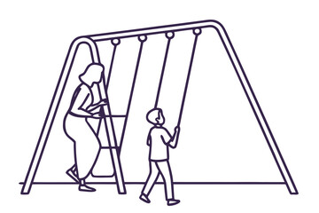 A woman and child enjoying a swing set at a park playground in a simple line art illustration.