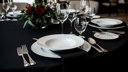Luxury Fine Dining Table Arrangement with Red Roses and Elegant Glassware on Black Tablecloth