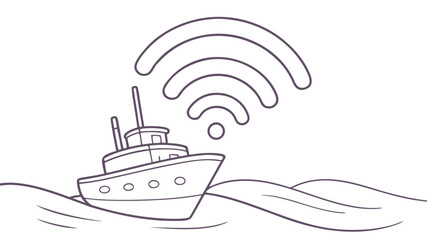 Boat with WiFi signal icon above the waves, concept for maritime internet connection and wireless travel.