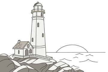 Minimalist flat vector illustration of a coastal lighthouse and dwelling with a sunset over the sea.