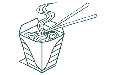 Minimalist flat vector illustration of steaming noodles in a takeout container with chopsticks isolated on transparent background