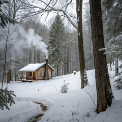 snow covered landscape with tiny wooden cabin