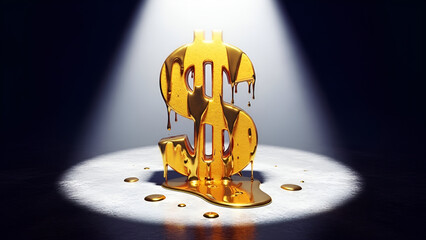 Striking Visual of a Golden Dollar Symbol Melting Under an Intense Spotlight, Depicting Economic Instability, Financial Crisis, Market Volatility, and Asset Depreciation