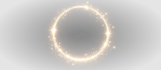 Golden glowing light circle with sparkling particles, luxury abstract ring frame illustration on transparent background
