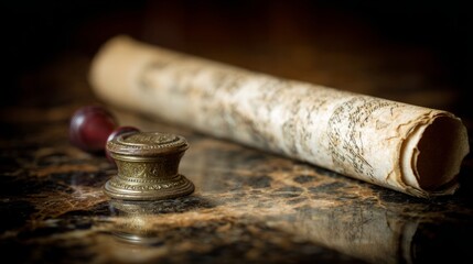 unrolled. An aged parchment scroll partly unrolled next to a bronze seal on polished marble. event programs, museum guides, designed for cultural heritage projects and event programs.
