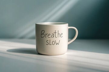 A minimalist white ceramic mug with "Breathe SLOW" handwritten text, perfect for moments of calm reflection and mindfulness.