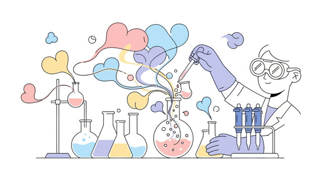 Science of Affection: An illustration of a scientist performing an experiment involving love-shaped vapors, with beakers, test tubes, and other laboratory equipment.