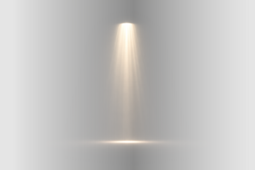 Vertical glowing spotlight beam with soft rays, dramatic abstract light illumination illustration on transparent background