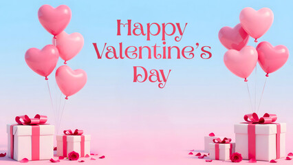 Valentine&rsquo;s Day background featuring hearts, valentines day greeting card, &ldquo;Happy Valentine&rsquo;s Day&rdquo; text, red roses, balloons, and gifts