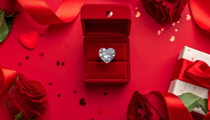 Valentine's Day background, open box with a heart-shaped crystal ring in the center, ribbons, roses, confetti, red background, top view.
