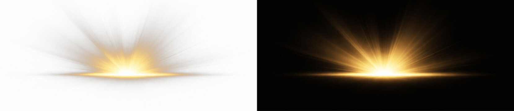 Golden glowing light burst with radiant rays and dramatic energy, abstract luminous sunrise explosion illustration on transparent background