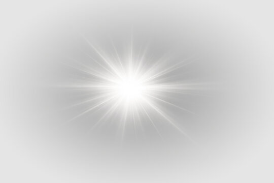 Bright white light burst with soft radial rays, abstract luminous energy glow effect illustration on transparent background