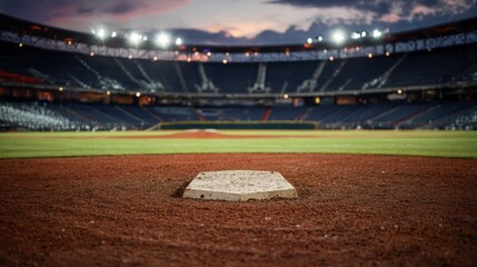 infield. An empty baseball diamond at dusk with glowing stadium lights. travel magazines, destination branding, designed for outdoor magazines and nature guides, used by chefs.
