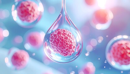 Stem Cells in Liquid Droplets Closeup.