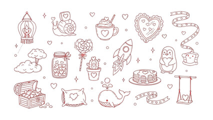 Line Art Valentine's Elements: A collection of charming line art illustrations showcasing various Valentine's Day symbols and elements. The designs include hearts, love letters.