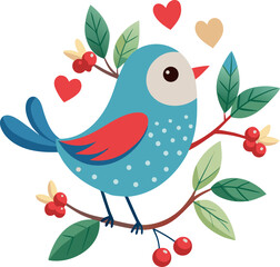 A charming little bird carries a delicate branch with berries and hearts floating around it.., white background