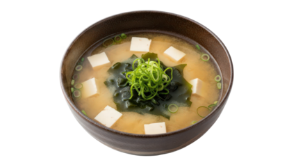 Bowl of miso soup with tofu seaweed and green onions isolated on transparent background 1