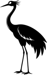 Black silhouette vector of a crane bird standing tall. Minimal and simple design suitable for icons, logos, tattoo art, cultural symbols, or wildlife graphics, white background