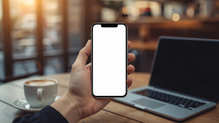Mobile phone being held in hand with blank screen and digital connection icons
