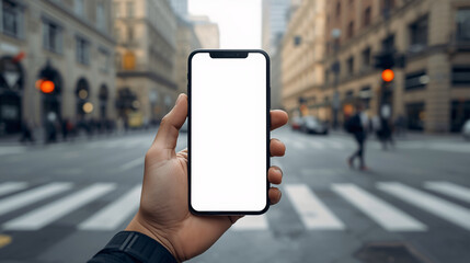 Hand holding smartphone with blank screen technology device
