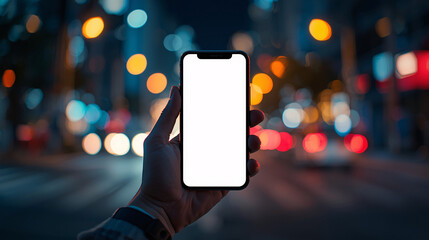 Woman holding smartphone on city street with traffic lights and technology connection