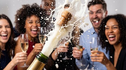 Close up of a champagne bottle cork popping with foam splash while a group of happy diverse friends celebrate a party or wedding event with a toast and laughter