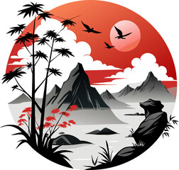 Traditional Chinese ink wash painting featuring elegant bamboo branches and a serene mountain landscape with a setting sun, clouds, and flying birds. , white background