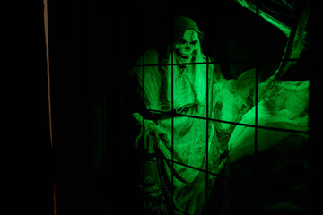 Spooky green illuminated skeleton behind a barrier © Elizaveta