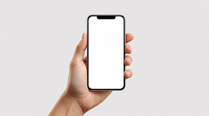 Smartphone in Hand: A close-up shot of a hand holding a modern smartphone, showcasing its sleek design and blank screen, perfect for illustrating digital interfaces and technological concepts.