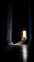 Fototapeta premium ajar. An empty grand throne room with a distant door ajar, casting a light sliver. real-estate listings, architecture portfolios, designed for interior renovation comparisons for interiors. 