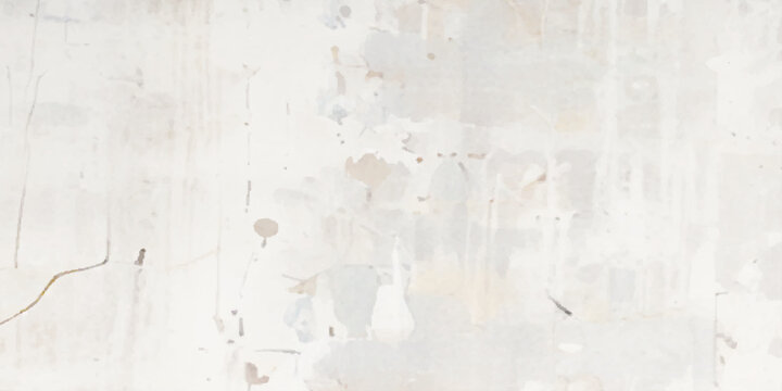 Weathered white concrete wall texture with distressed paint drips, combined with soft beige watercolor paper grain and subtle vertical streaks for a minimal abstract background design.