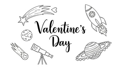 Obraz premium Celestial Valentine: a collection of whimsical line drawings, a delightful combination of astronomical elements and expressions of love.