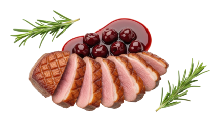 Culinary delight slicing duck breast with cherry sauce gourmet style isolated on transparent background