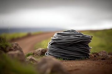 A large coiled bundle of black cable rests on the dirt ground beside a rural road, its texture detailed against a blurred landscape.