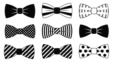 a top ranked stylish set of black and white bow tie illustrations, featuring men’s formal neckwear accessories with classic patterns like stripes, polka dots, elegant fashion hierarchy, and timeless © Cynthia R. King
