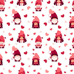 Cute gnomes with pink hat. Valentine's Day. Seamless pattern. Romantic holiday. February 14. Love. Heart, balloon, gift box, envelope and sweet cake. Cartoon characters. Vector illustration.