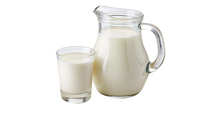 Glass pitcher and cup of milk on black background