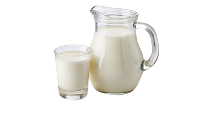 Glass pitcher and cup of milk on black background