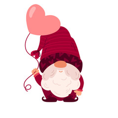 Cute gnome with pink hat and white beard. Valentine's Day. Romantic holiday. February 14. Love, heart and balloon. Cartoon character. Vector illustration.