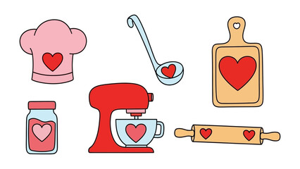 Culinary Love: An assortment of cooking essentials, each adorned with a heartfelt design. a captivating image capturing the essence of culinary love, Perfect for designs related to food.