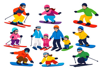 Cartoon skiers and snowboarders in colorful winter clothing