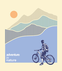 Illustration of a cyclist admiring a mountain range in a graphic style.