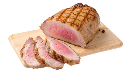 Grilled pork loin steak slices on wooden cutting board