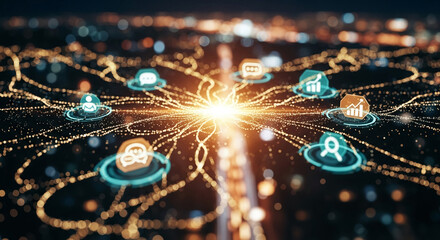 Abstract golden network with turquoise icons, symbolizing data connections, communication, and digital transformation, perfect for technology concept