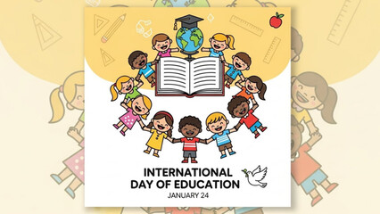 International day of education january 24 illustration with diverse children and globe