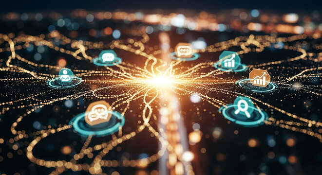 Abstract golden network with turquoise icons, symbolizing data connections, communication, and digital transformation, perfect for technology concept - Powered by Adobe