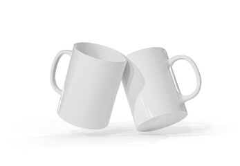 Two isolated floating white blank mug on transparent background. 3D rendering