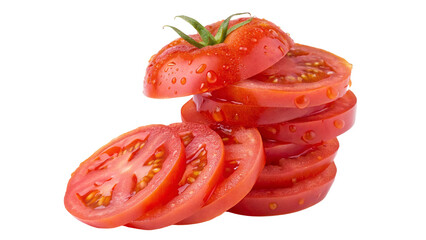 Freshly sliced tomatoes with water droplets on black background