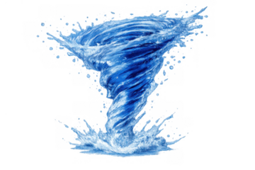 Blue water spinning vortex creating powerful splash and spray, dynamic liquid tornado whirl effect on transparent background
